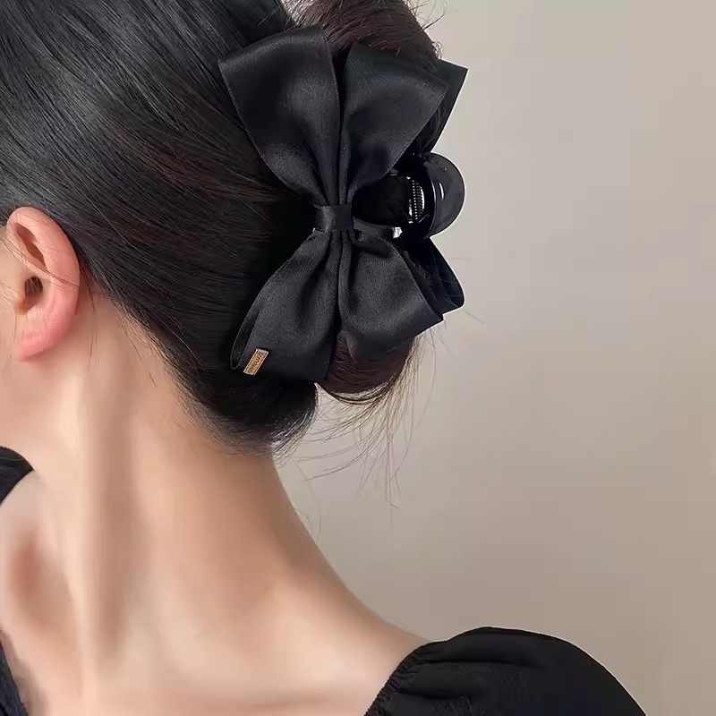 

1pc Elegant Black Bowknot Hair Claw Clip - 5.5" Large, With Golden Snap Button, Women's Updos & Styling, Bow Hair Clip