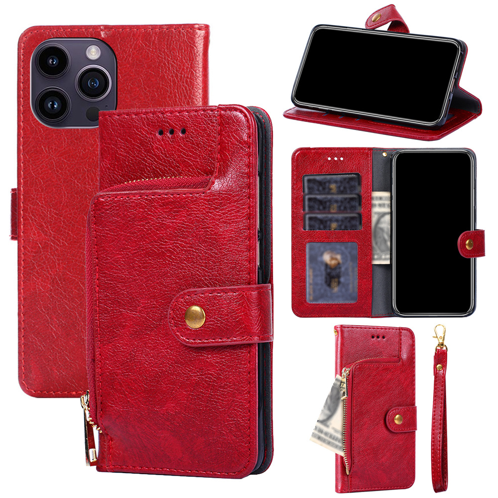 iPhone 15 Plus Luxury Leather Zipper Wallet Case with Wrist Strap and 7  Card Slots Red