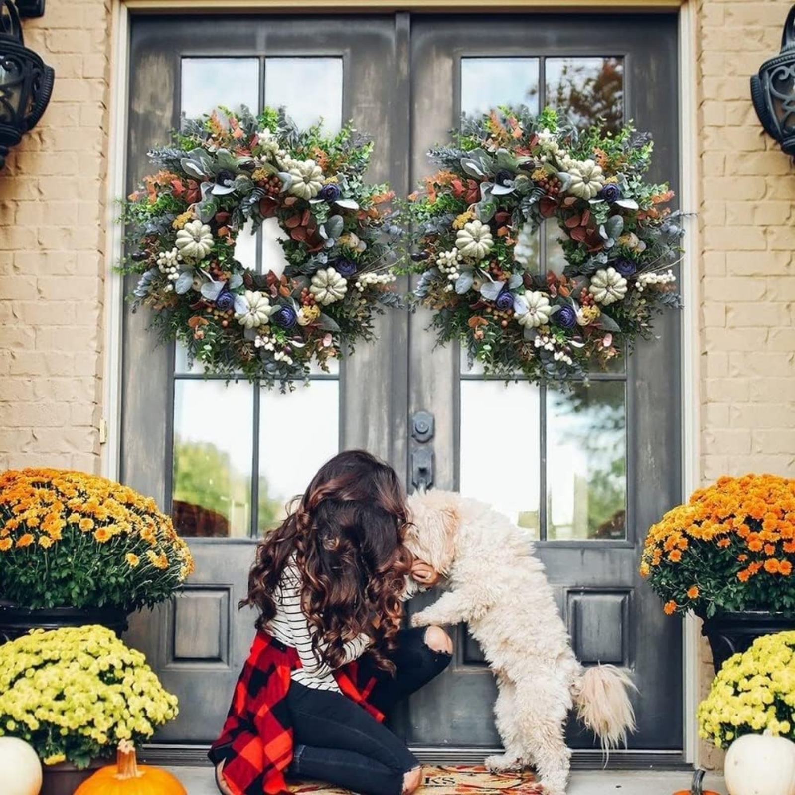 White Pumpkins Ranunculus Wreath Fall Decor For Front Door - Temu