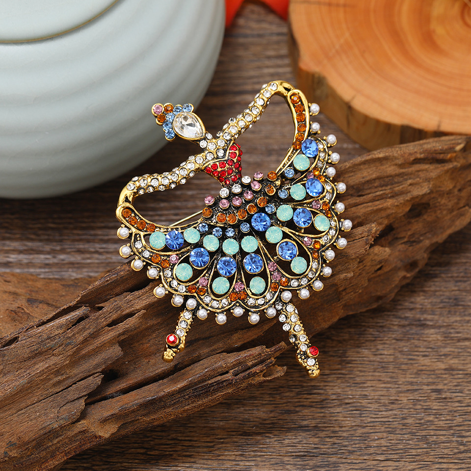 1pc Retro Rhinestone Ballet Girl Creative Badge For Men, Clothing Elegant  Colorful Crystal Vintage Brooch Pin