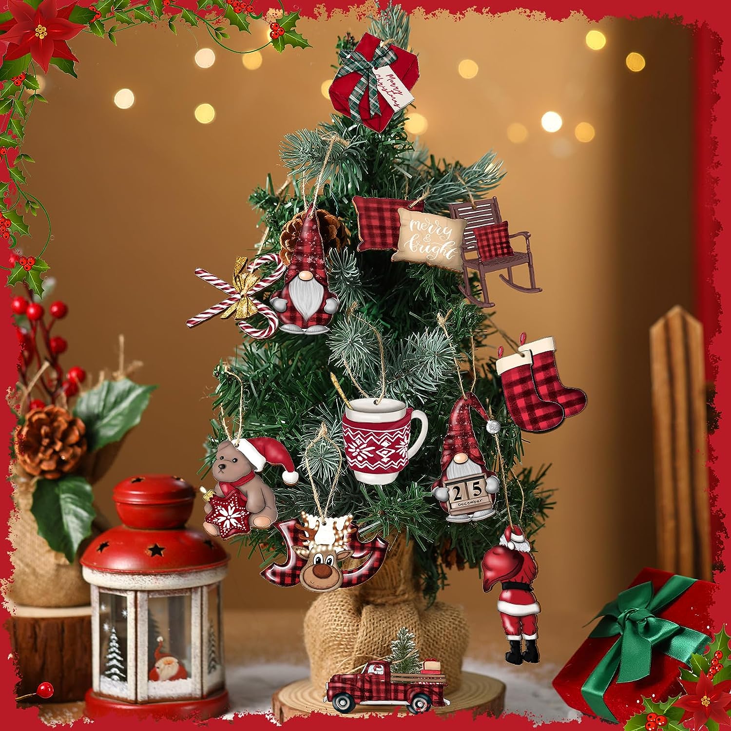 24 pezzi Decorazioni Albero di Natale in Legno, 6 Stili di Ornamenti Addobbi Natalizi di Fiocchi