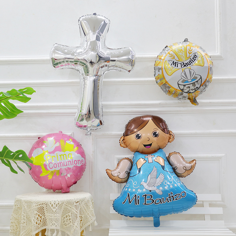 Juego de decoraciones de bautismo, globos de confeti de cruz dorada y  blanca, kit de arco de guirnalda con telón de fondo de bautismo para  bautizo