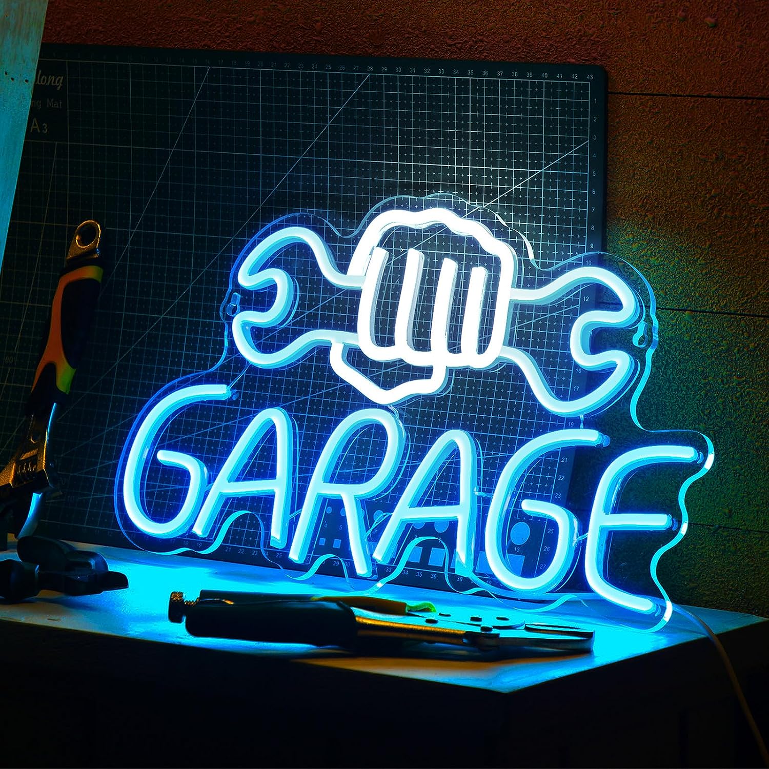 Garage Neon Sign White And Blue Wrench Shaped Led Neon Wall - Temu