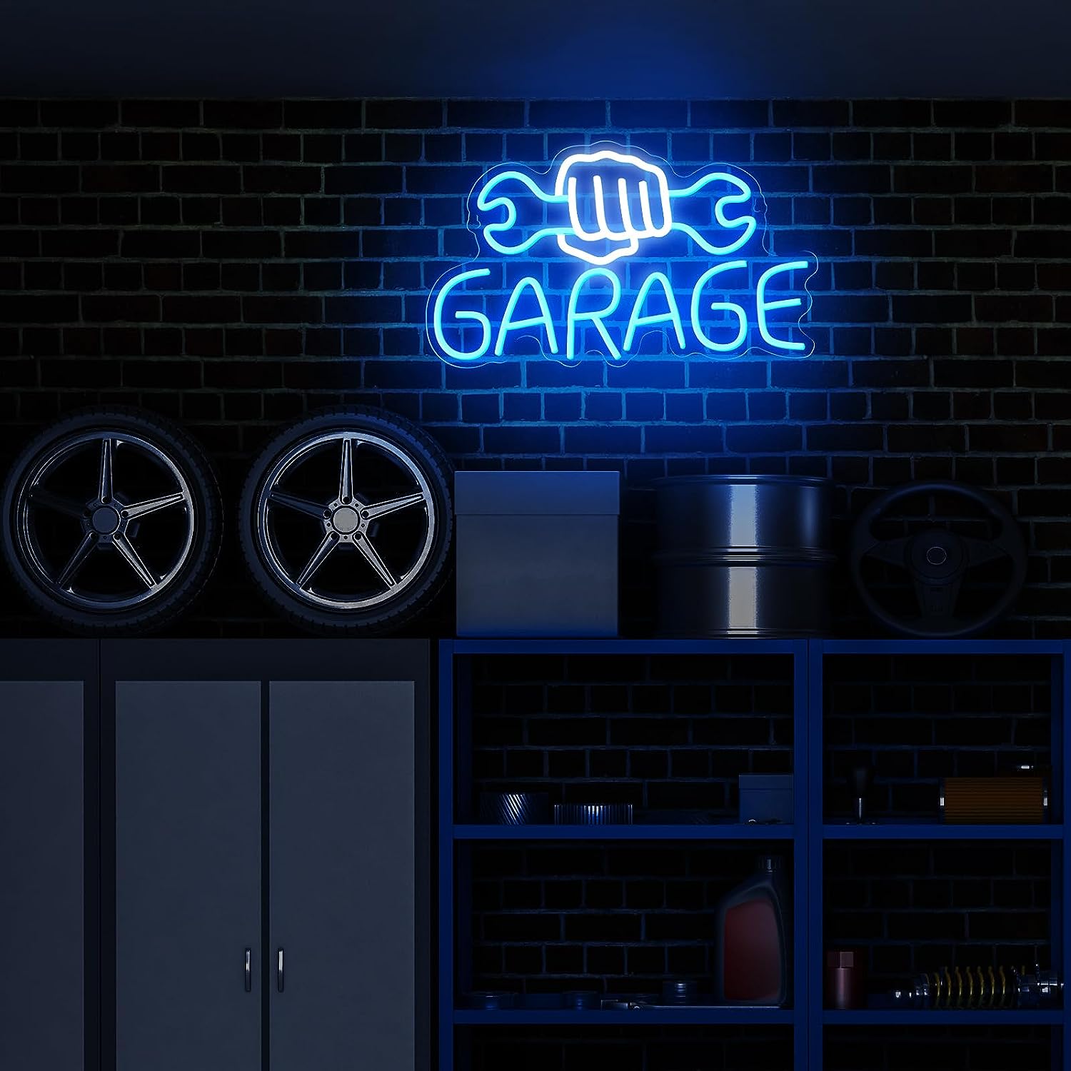 Garage Neon Sign White And Blue Wrench Shaped Led Neon Wall - Temu