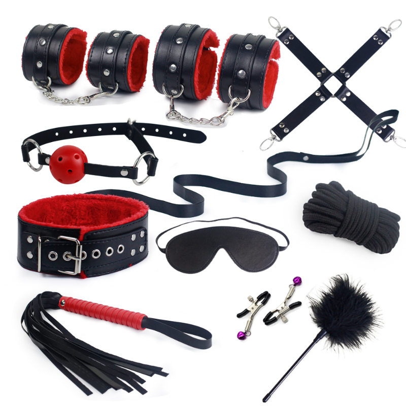 10pcs BDSM Bondage Set Erotic Bed Games Adults Handcuffs Nipple Clamps Whip  Spanking SM Kits Role Playing Sex Toys For Couple