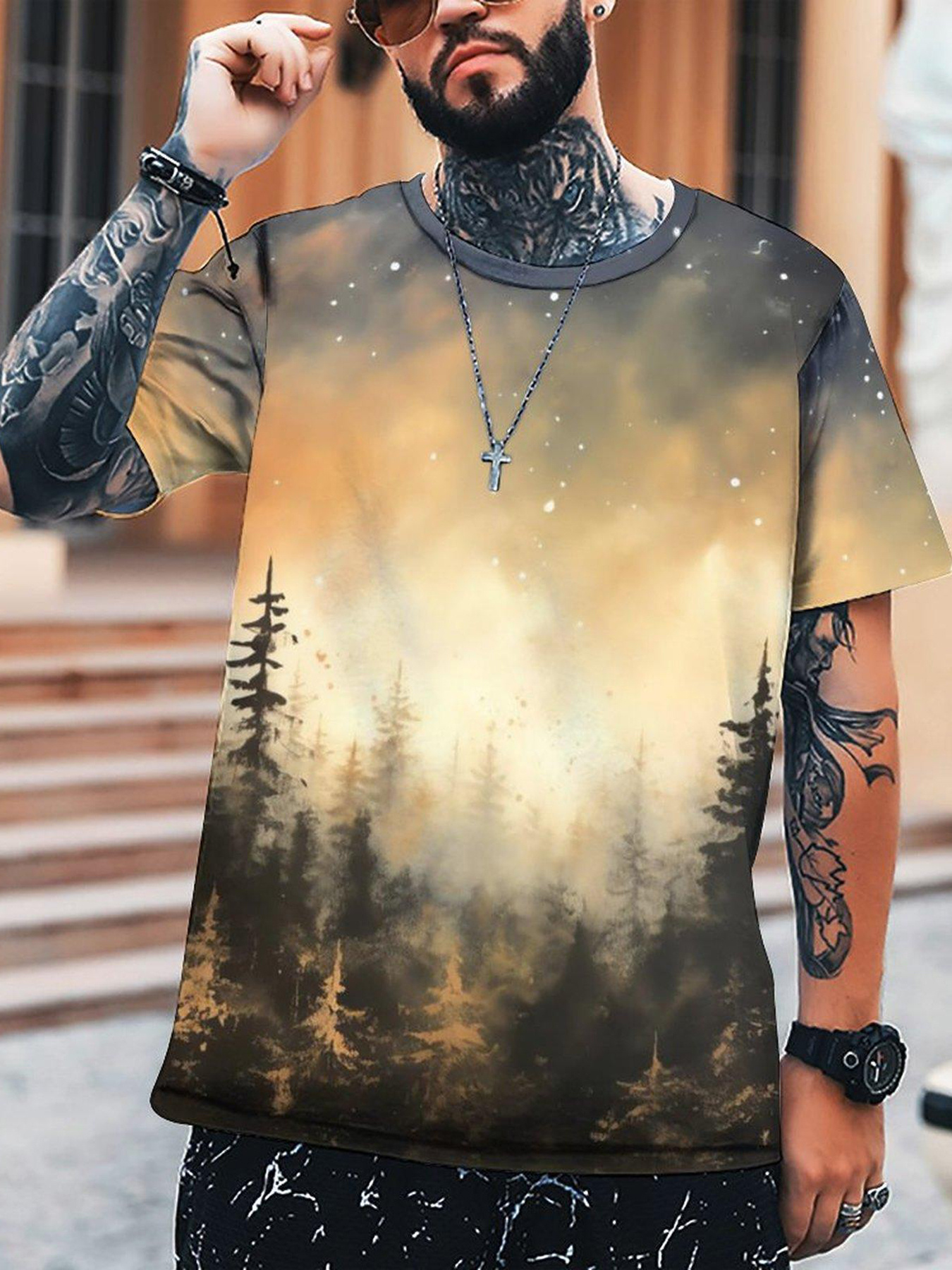 Men's Forest In Dusk And Falling Snowflakes Print Short Sleeve T shirt