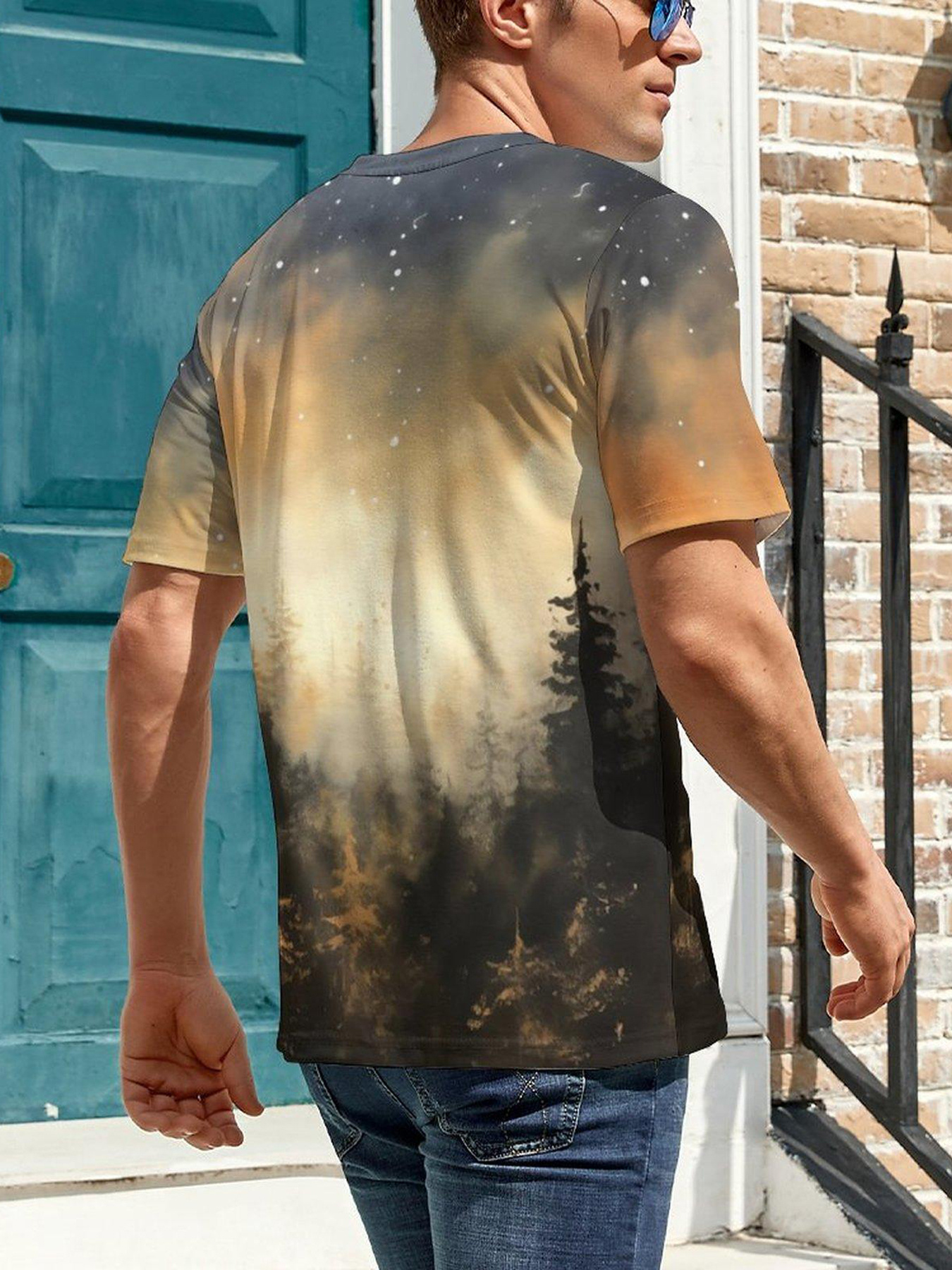 Men's Forest In Dusk And Falling Snowflakes Print Short Sleeve T shirt