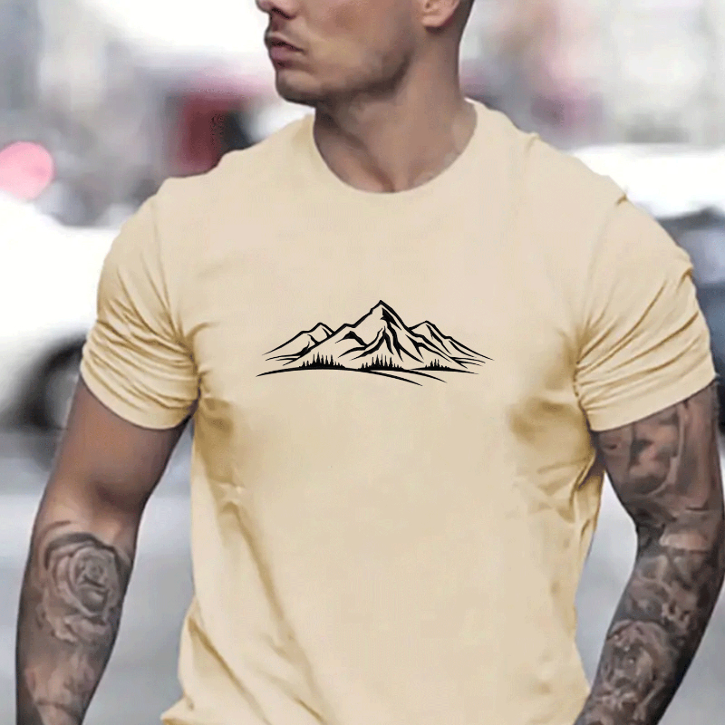 

Mountain Print T-shirt, Men's Casual Street Style Stretch Round Neck Tee Shirt For Summer