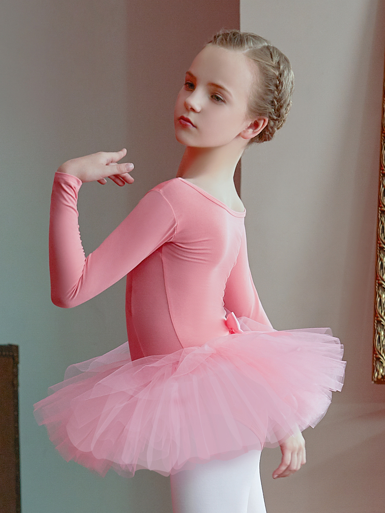 Robe De Ballet Fille - Justaucorps Coton Avec Jupe Mousseline - Manches Courtes/Longues