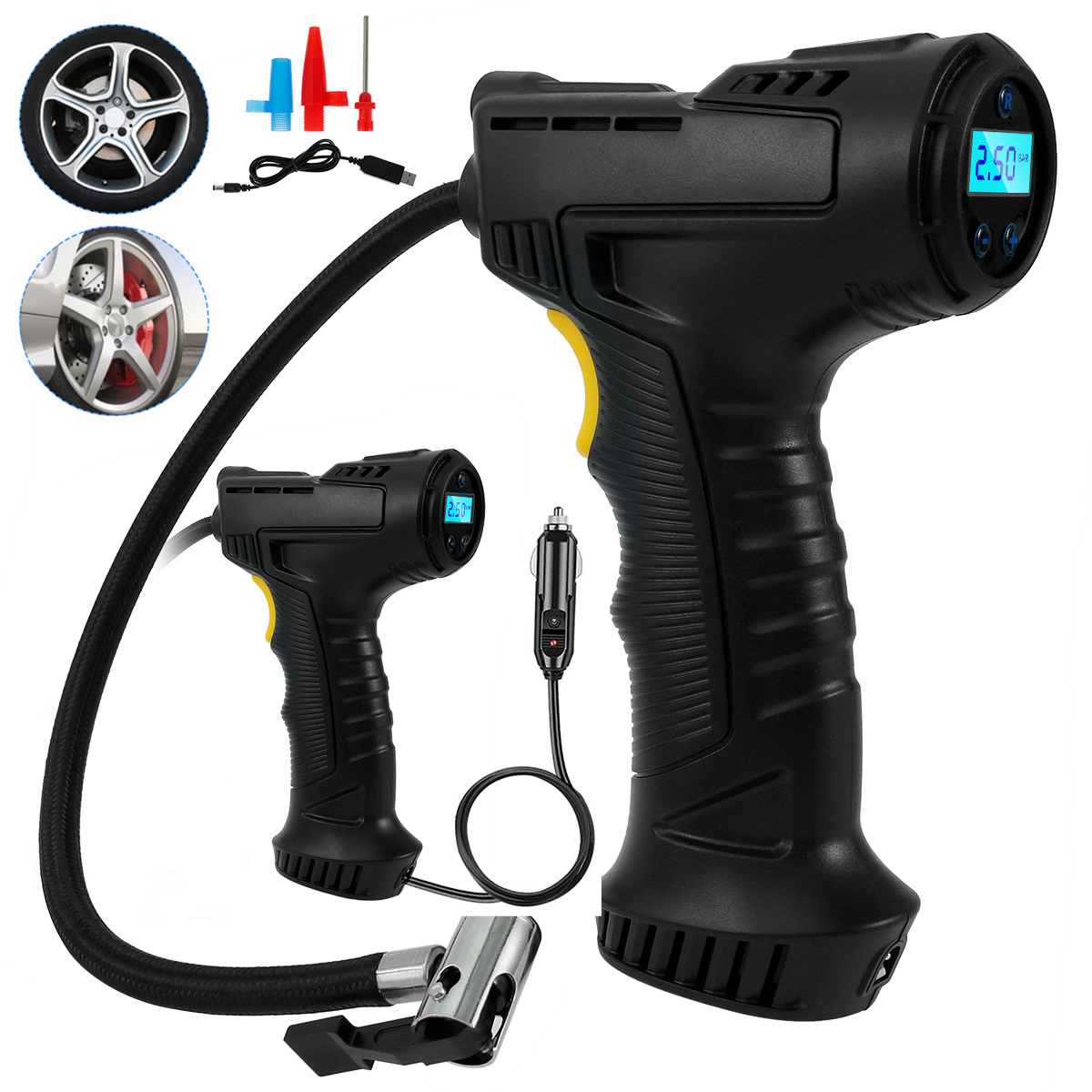 Cordless Tyre Inflator, 12V 120W Rechargeable Air Compressor Handheld  Electric Digital Tire Pump With LED Light