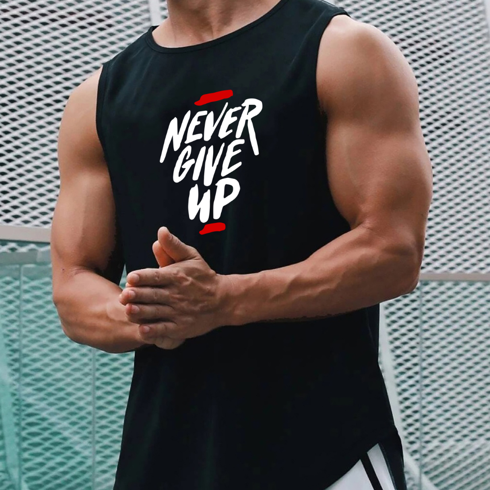 

never Give Up" Print Comfy Breathable Tank Top, Men's Casual Stretch Sleeveless T-shirt For Summer Gym Workout Training Basketball