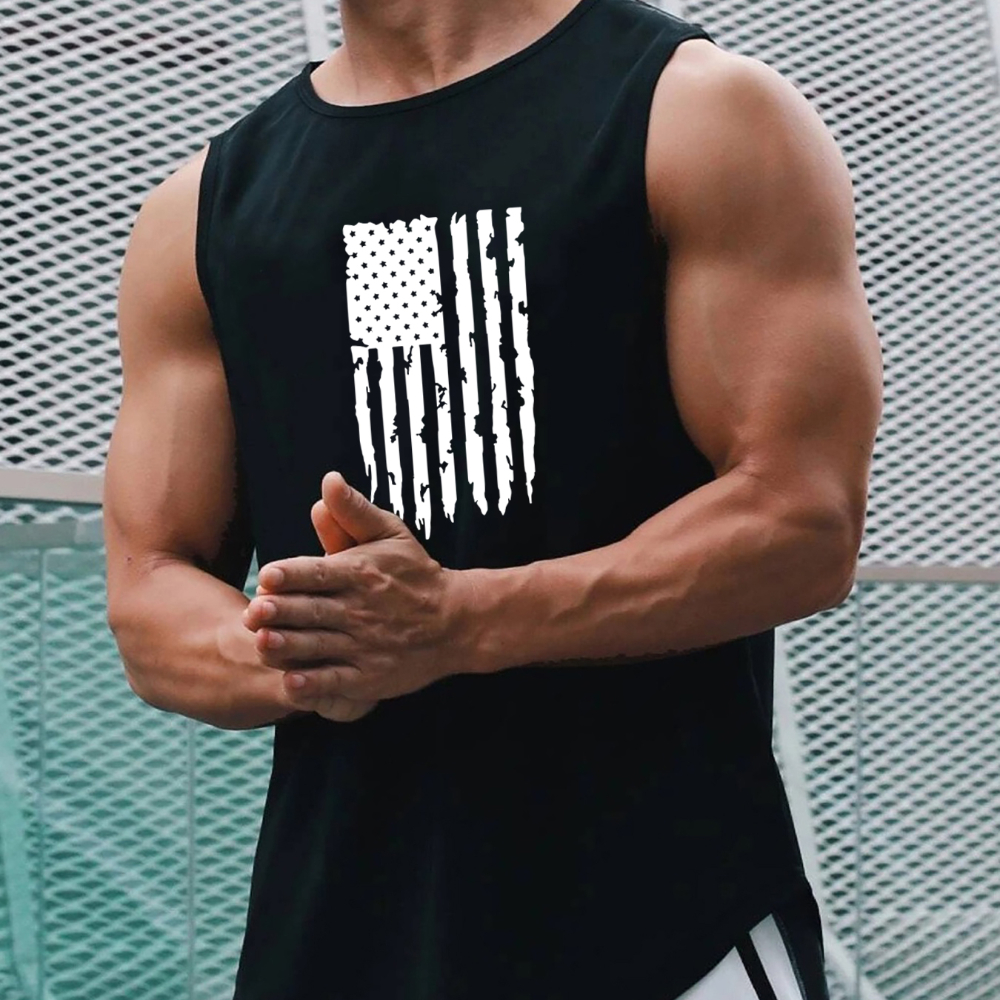 

Flag Pattern Comfy Breathable Tank Top, Men's Casual Stretch Sleeveless T-shirt For Summer Gym Workout Training Basketball