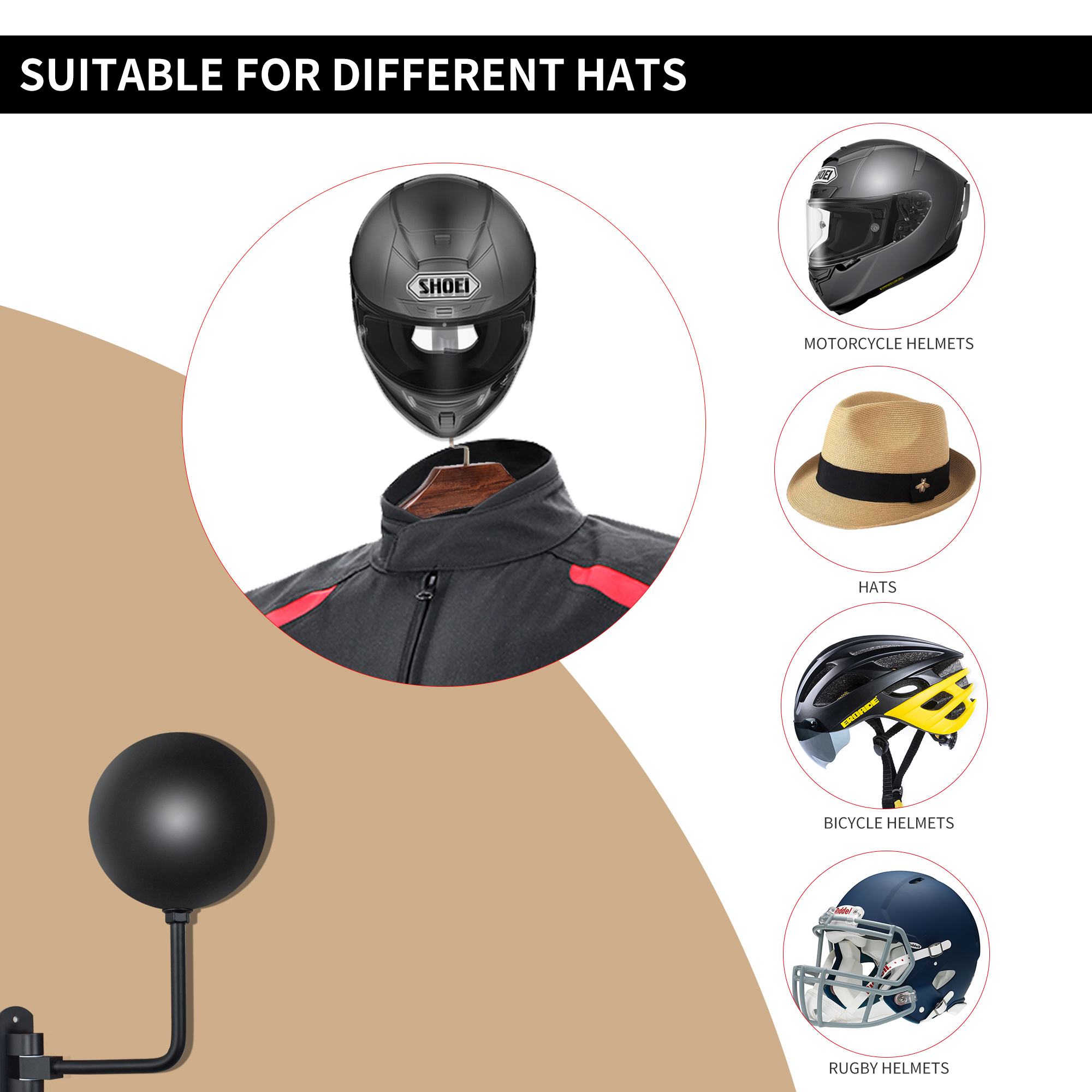 Soporte para casco de motocicleta, soporte de pared, rotación de 180° con 2  ganchos para abrigos, gorras, accesorios de motocicleta (negro, 1 unidad)