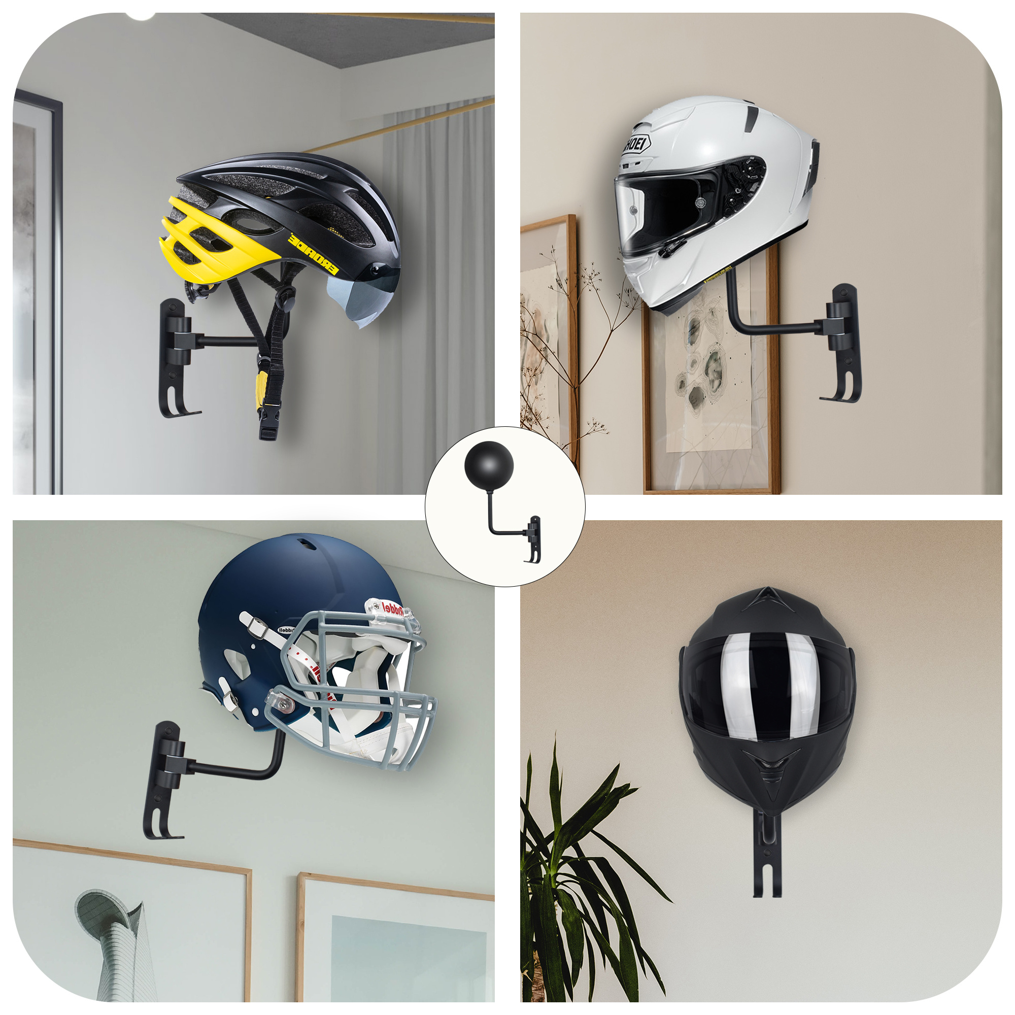 SANGMO Paquete de 6 soportes de pared para casco de motocicleta de 180°,  soporte de casco de metal con rotación, soporte para casco de bicicleta con  2