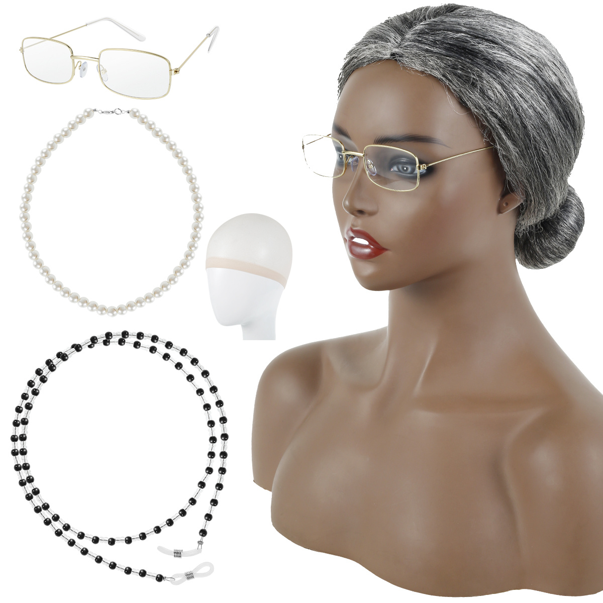 Ensemble de costume de vieille dame avec bonnet de perruque avec bigoudis,  lunettes de grand-mère, chaîne de lunettes, collier de perles, accessoires  pour déguisement de grand-mère pour Halloween, cosplay : :  Beauté