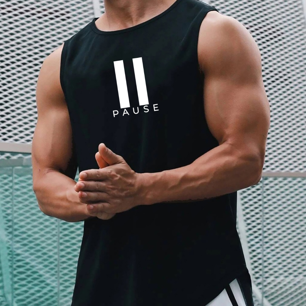 

Pause Print Comfy Breathable Tank Top, Men's Casual Stretch Sleeveless T-shirt For Summer Gym Workout Training Basketball