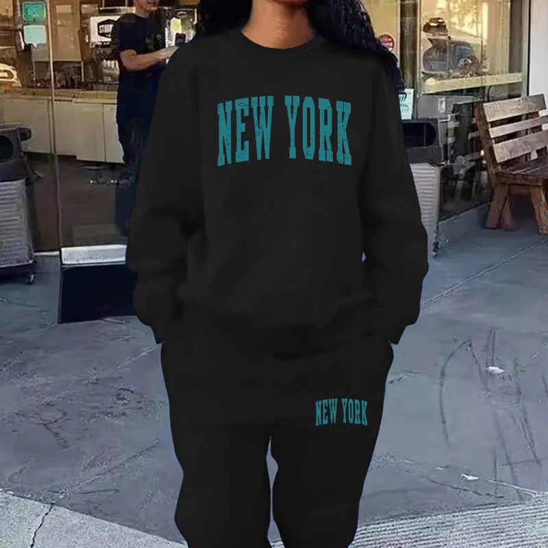 

New York Letter Print Two-piece Set, Casual Long Sleeve Sweatshirt & Jogger Sweatpants Outfits, Women's Clothing