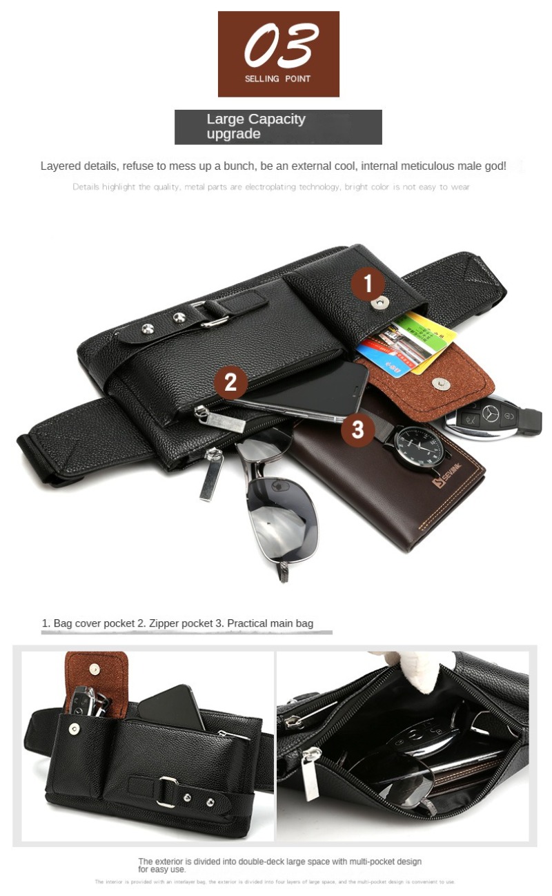 Pu Leather Multi-layer Zipper Men's Waist Bag, Waterproof And Wear