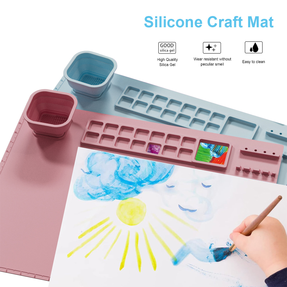 Silicone Painting Mat 20x16, Silicone Mats for Crafts with Removable Cup,10 Paint Brushes,12 Paint Dividers and 2 Paint Dividers,Artist for Kids