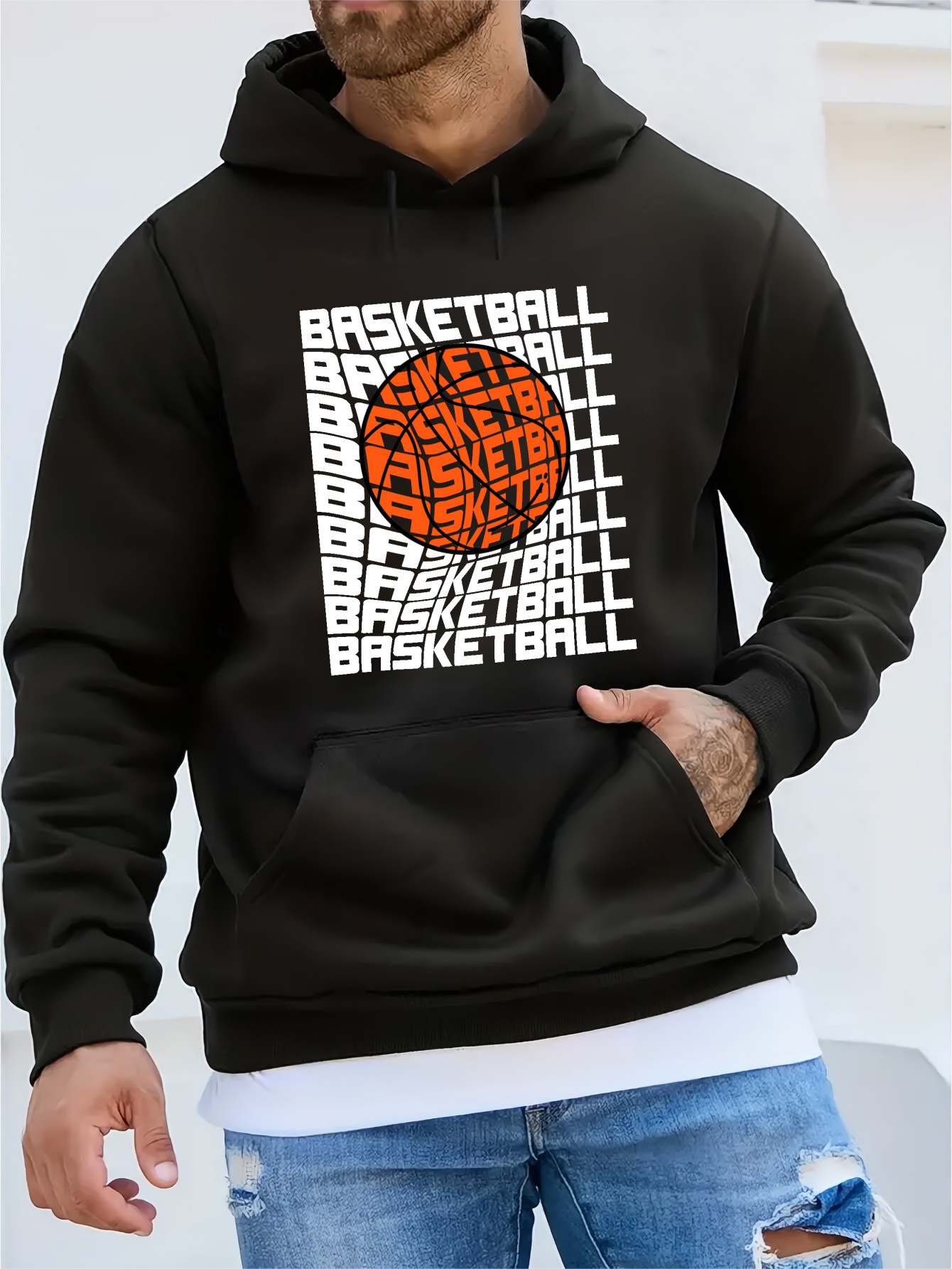 Temu Basketball Print Hoodie, Hoodies for Men, Men's Casual Graphic Design Pullover Hooded Sweatshirt with Kangaroo Pocket Streetwear for Winter Fall