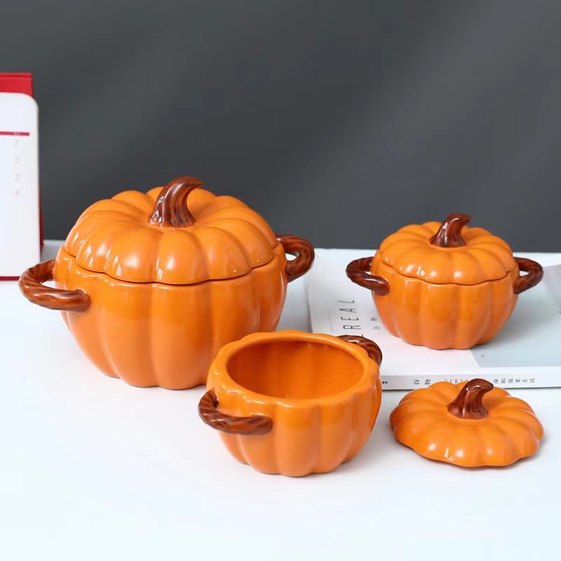 1pc Cute Pumpkin Shaped Double Ear Ceramic Soup Pot With Lid, Mini Fruit  Plate, Festival Gift