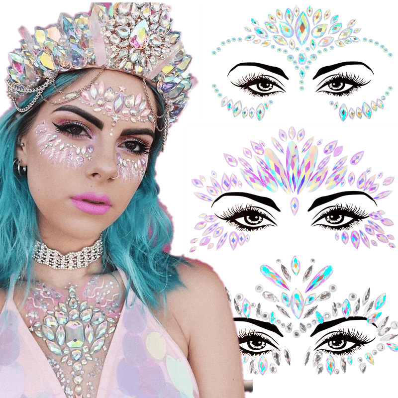  Mermaid Face Gems Stick Jewels for Kids Cosplay Mermaid  Halloween Club Eye Face Gems Stickers on Rave Party Makeup Gift for Kids  Eye Face Jewels Temporary Tattoos Festival (Pink) 
