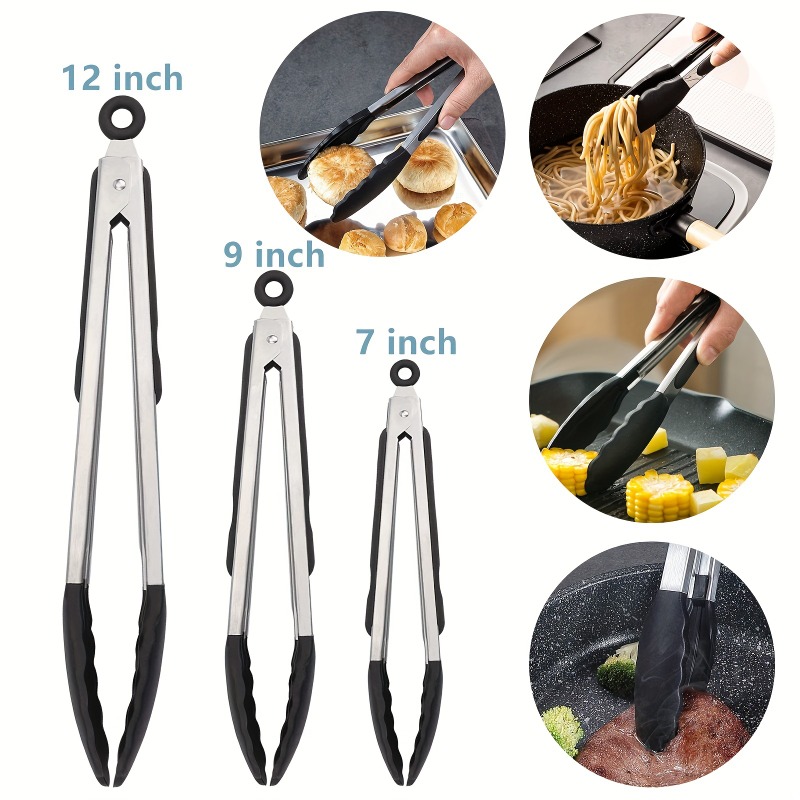 Silicone Kitchen Tongs with Silicone Tips, Set of 3 Heat Resistant Tongs  for Serving Food, 7-Inch, 9-Inch, 12-Inch Locking Silicone Tongs for  Cooking