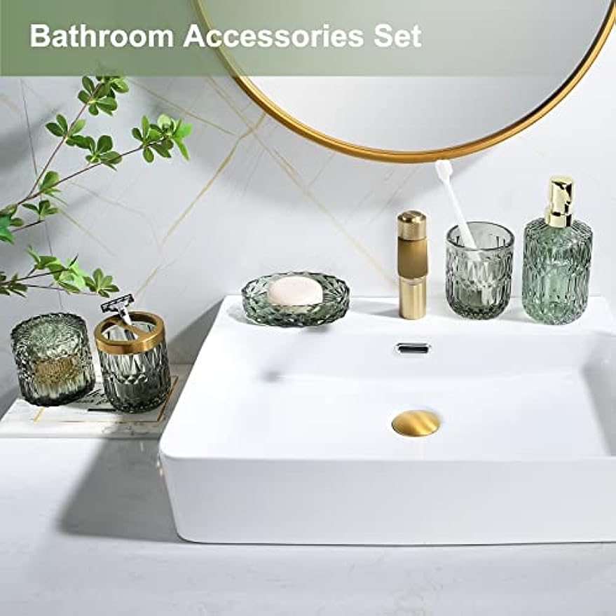 Green Bathroom Accessories Set,5Pcs Glass Bathroom Accessory Set,Gold Toothbrush Holder,Lotion Dispenser,Soap Dish,Tumbler,Cotton Swab Jar