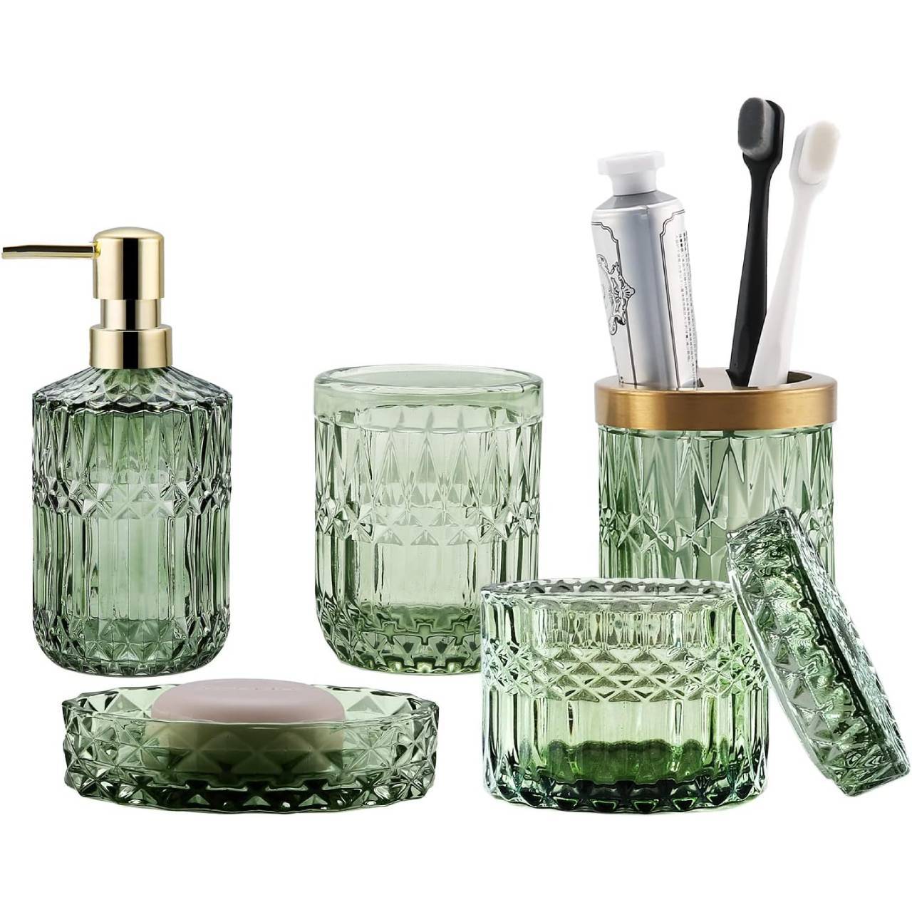 Nat & Jules Mandala Sage Green 4.5 inch Ceramic Soap Pump Toothbrush Holder  Canisters Bathroom Accessories Set of 4 