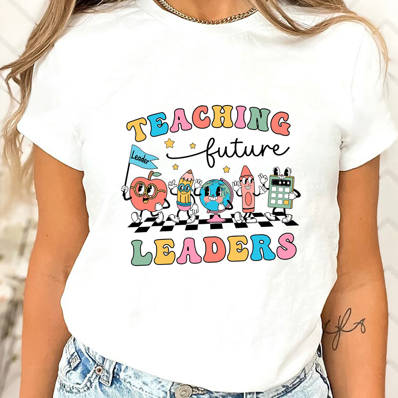 

Teaching Future Leaders Print T-shirt, Short Sleeve Crew Neck Casual Top For Summer & Spring, Women's Clothing