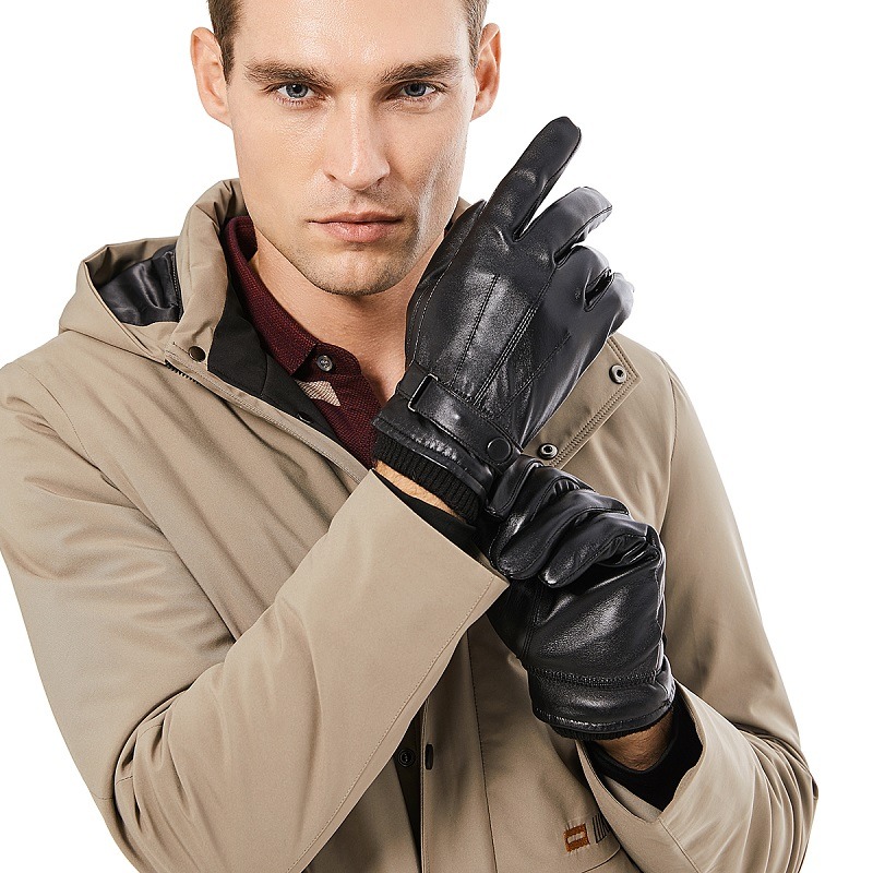 1pair Unisex Winter Leather Cashmere Gloves Black Windproof