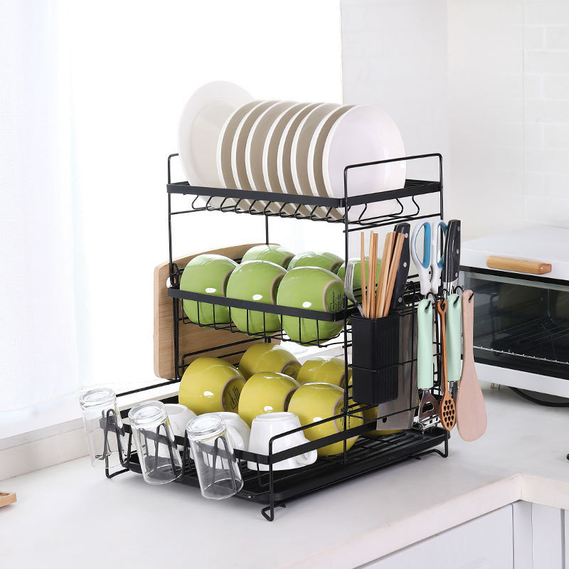 junyuan Hanging Dish Drying Rack Wall Mount,Dish Racks Drainer,3 Tier  Kitchen Plate Organizer Storage Shelf with Drain Tray with 3  Hooks,Stainless