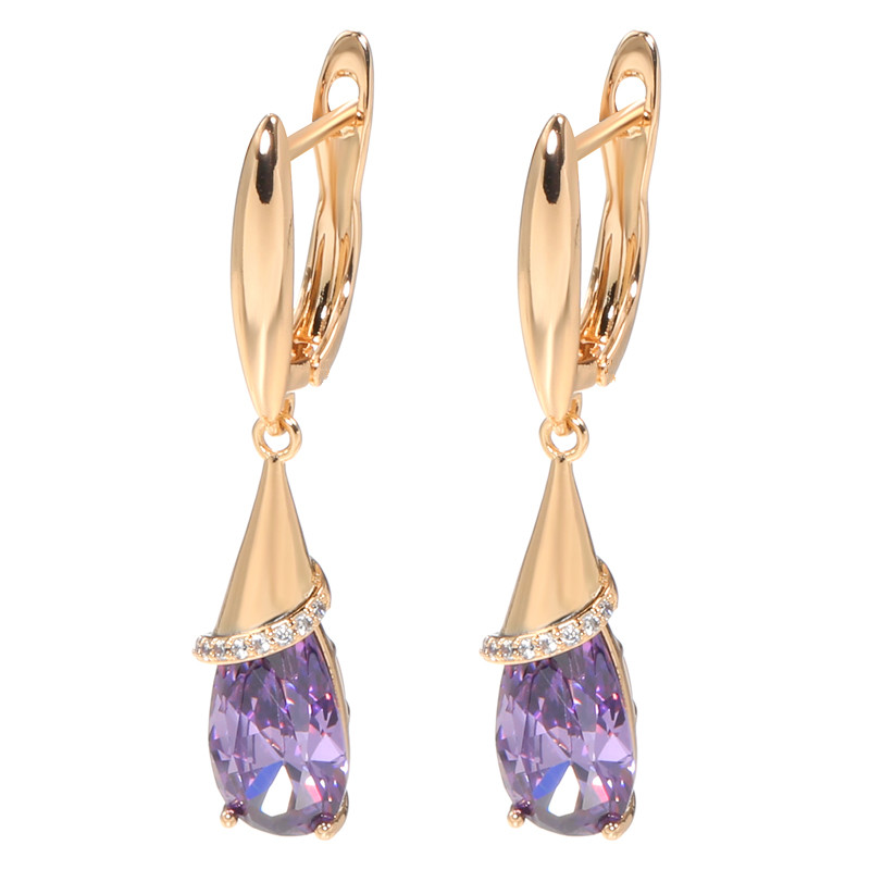 TEMU 1 Pair Golden Color Long Earrings For Women Water Drop Purple Synthetic Cubic Zirconiaia Dangle Earring Fine Jewelry Gift