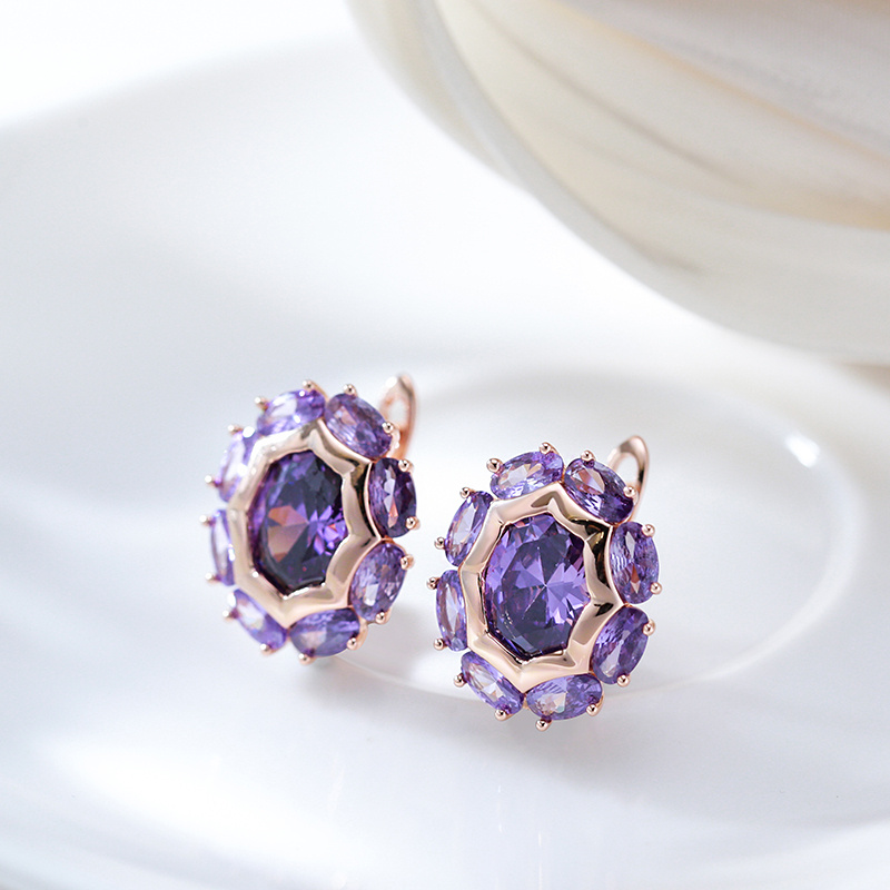 Image of 1 Pair Unusual Sparkling Oval Purple Synthetic Synthetic Zircon​​ Drop Earrings For Women Luxury Golden Color Jewelry