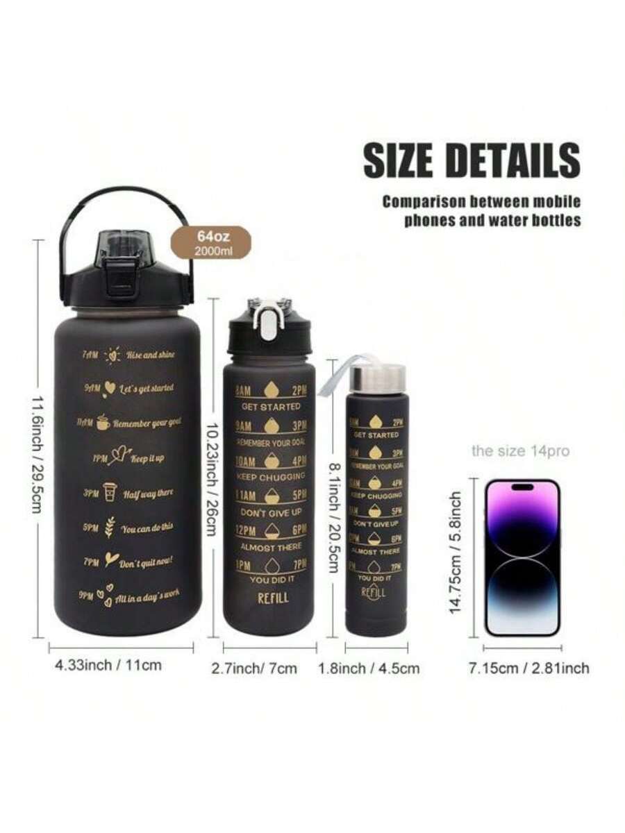 Time Marked Sports Water Bottle With Leak Proof Straw, Reusable Plastic  Drinkware Set For Gym And School (large+medium+small)