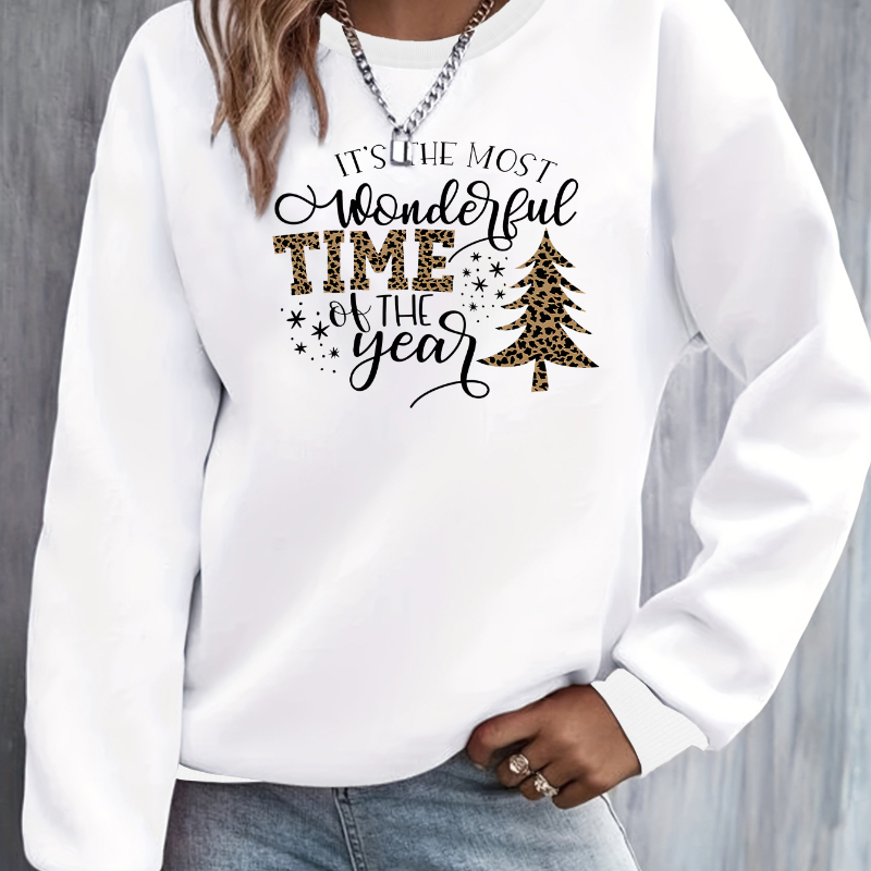 

Christmas Tree Print Sweatshirt, Casual Long Sleeve Crew Neck Sweatshirt For Spring & Fall, Women's Clothing
