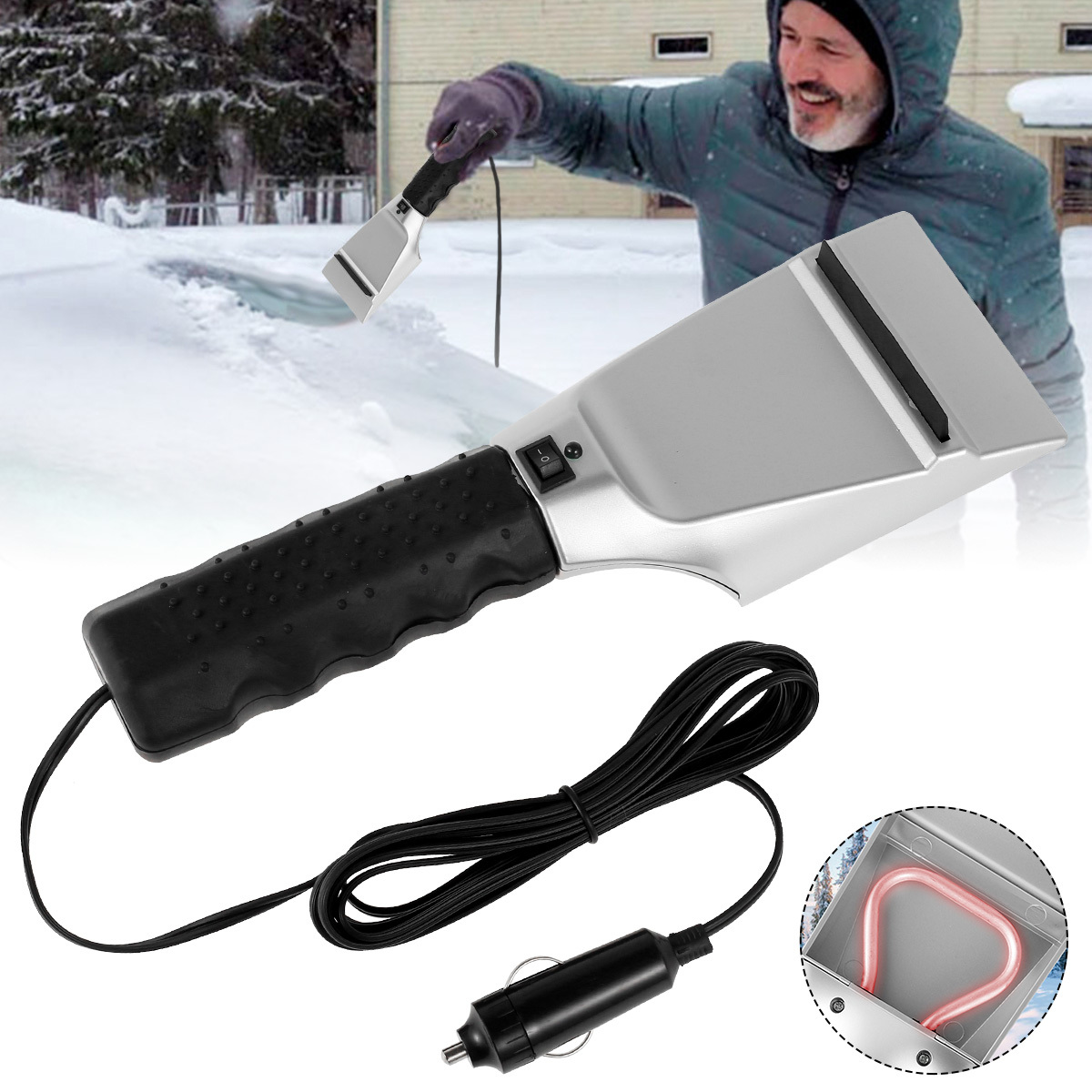 Heated Auto Ice Scraper Flashlight Window Windshield Cleaner