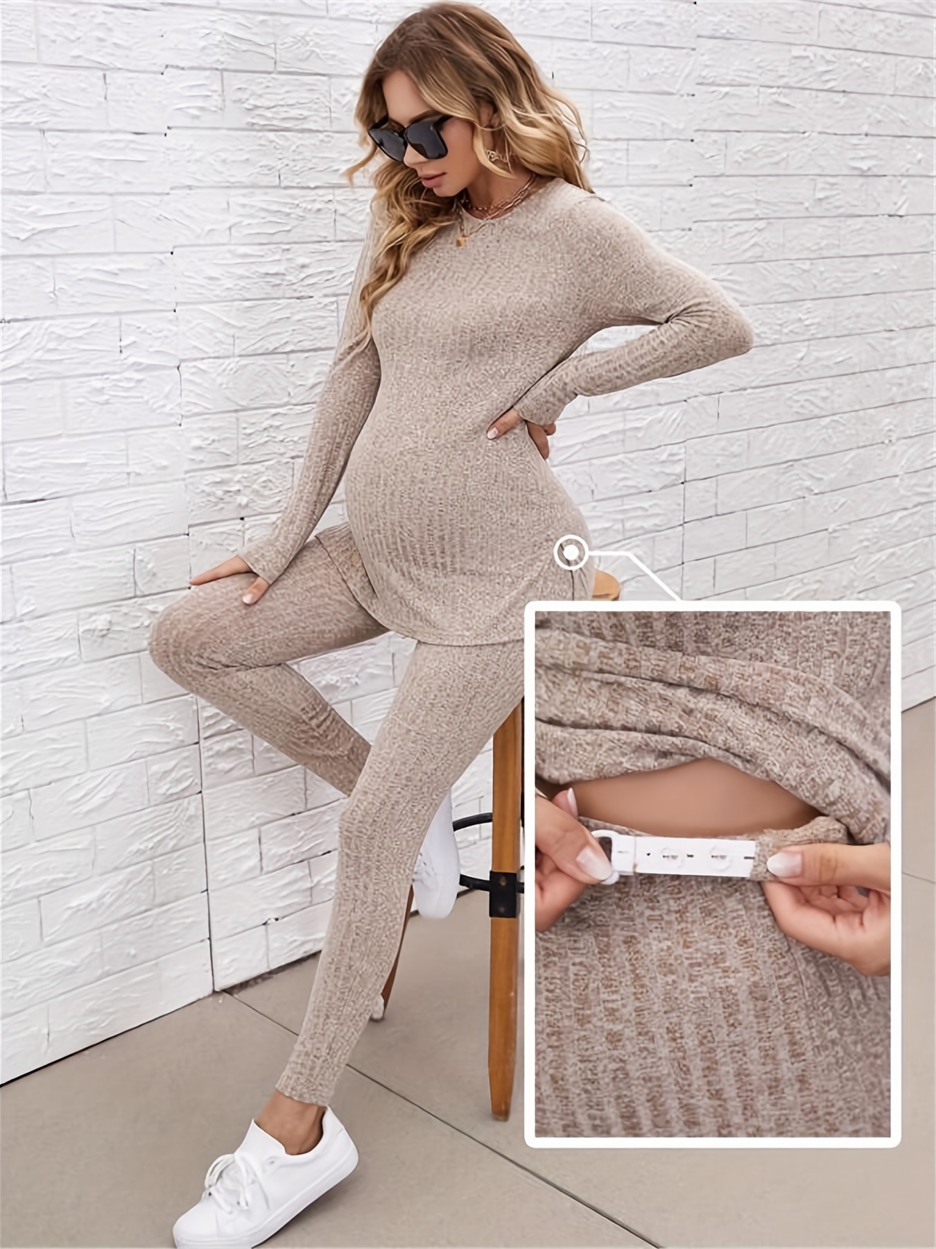 Pregnant Women's Solid Long Sleeve Shirts Leggings Set Comfy - Temu