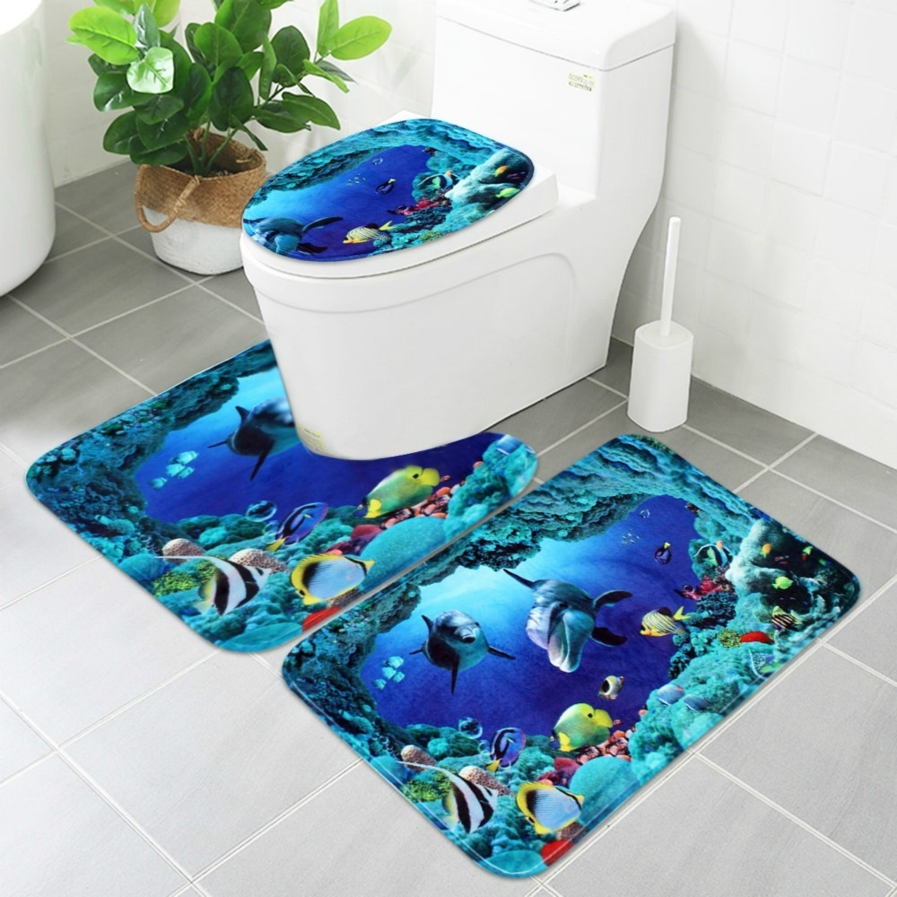 4-Piece Ocean Bathroom Shower Curtain Set Dolphin Themed Bathroom Decor Set  Waterproof Shower Curtain for Bathroom with 12 Hooks and 3Pcs Toilet Cover  Mat Set for Kids 