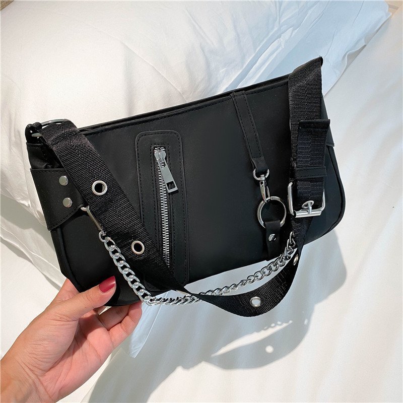 Double Chain Sandwich Handbag Womens Cool Black Shoulder Bag