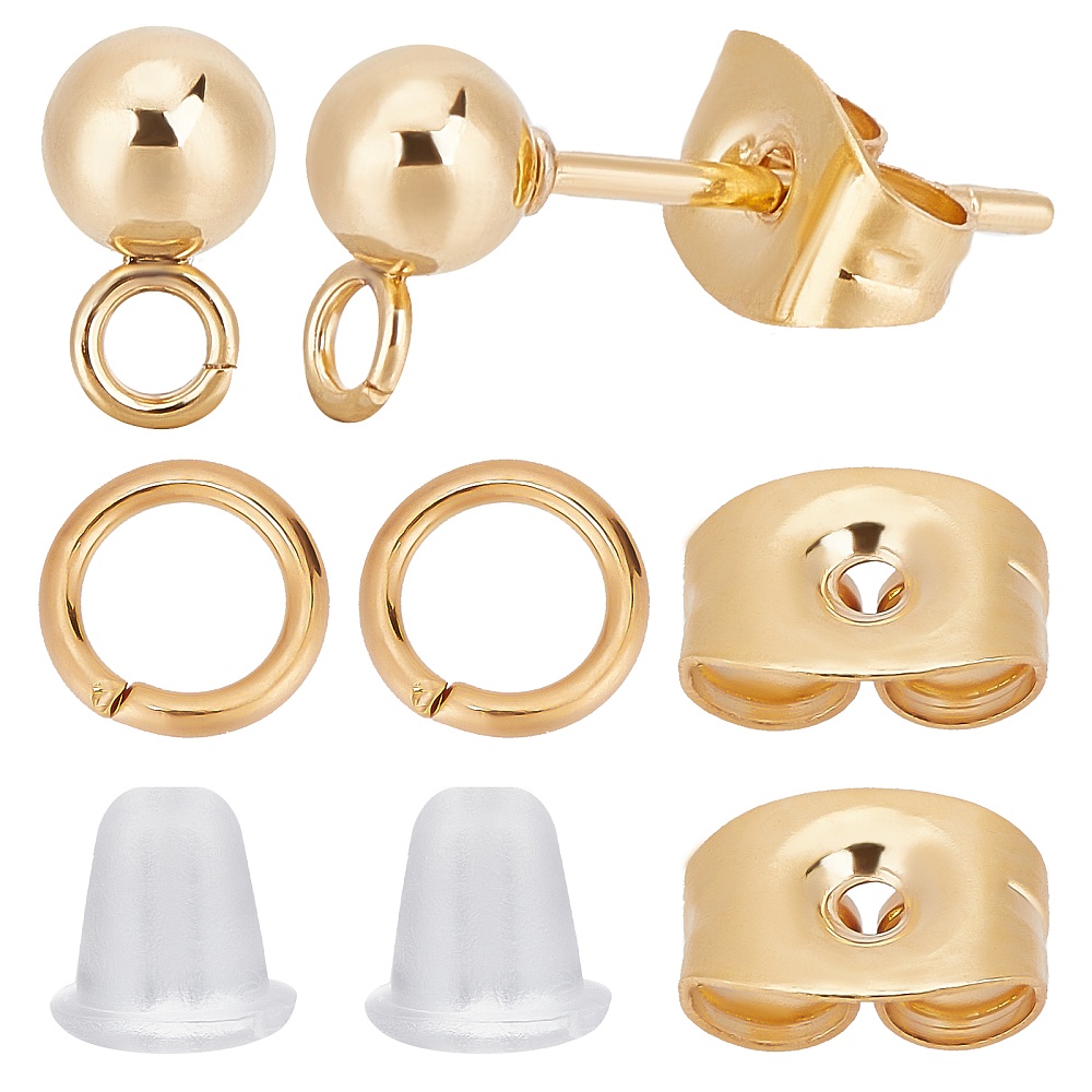 50pairs 24K Gold Plated Hypoallergenic Stainless Steel Stud Earrings with  Ear Nuts Ball Post Earrings with Loop Earring Studs Set 15x7mm Ball 4mm