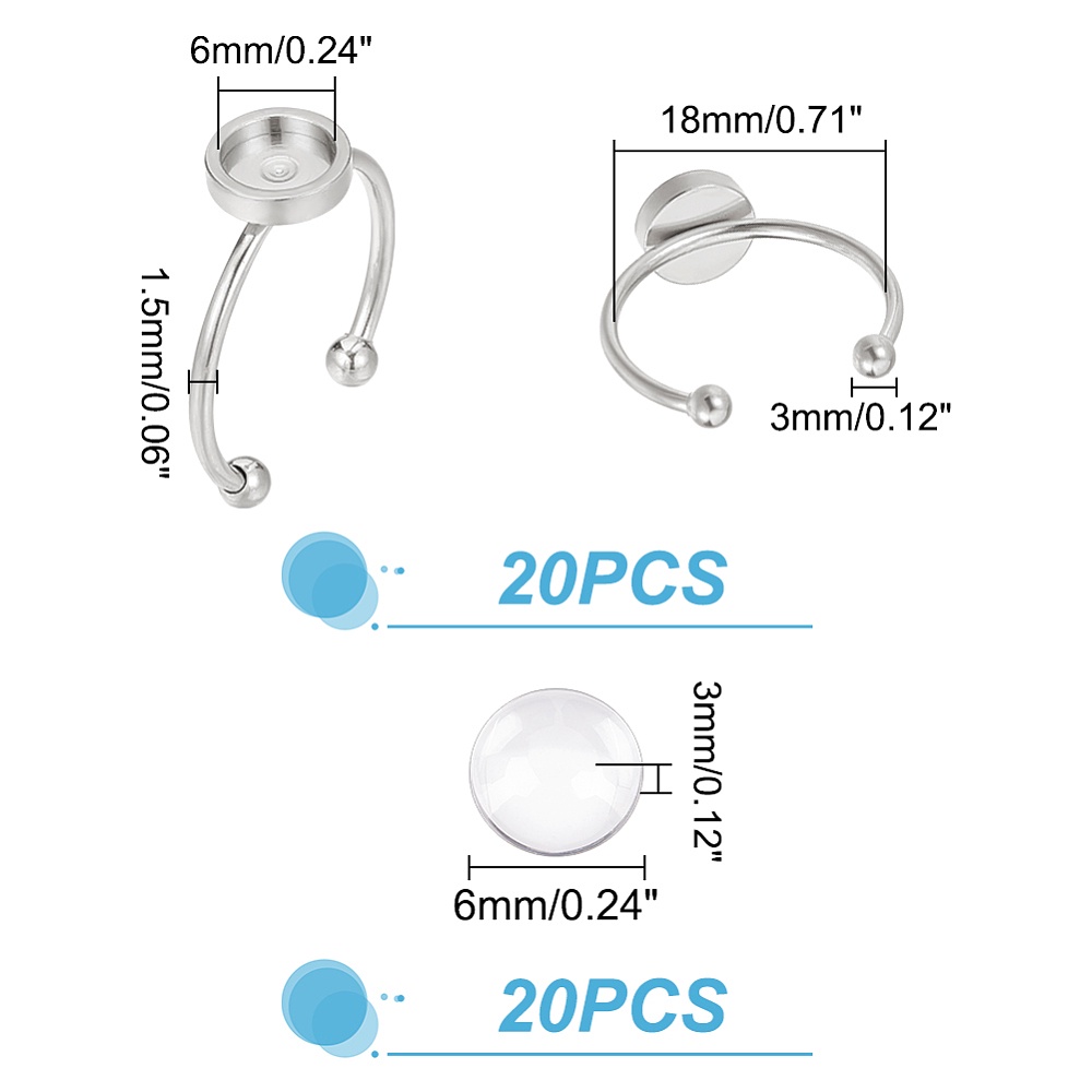 UNICRAFTALE 3 Colors DIY Oval Blank Dome Adjustable Ring Making Kit 12pcs  Stainless Steel Ring Settings with 15pcs Glass Cabochons Oval Clear Glass