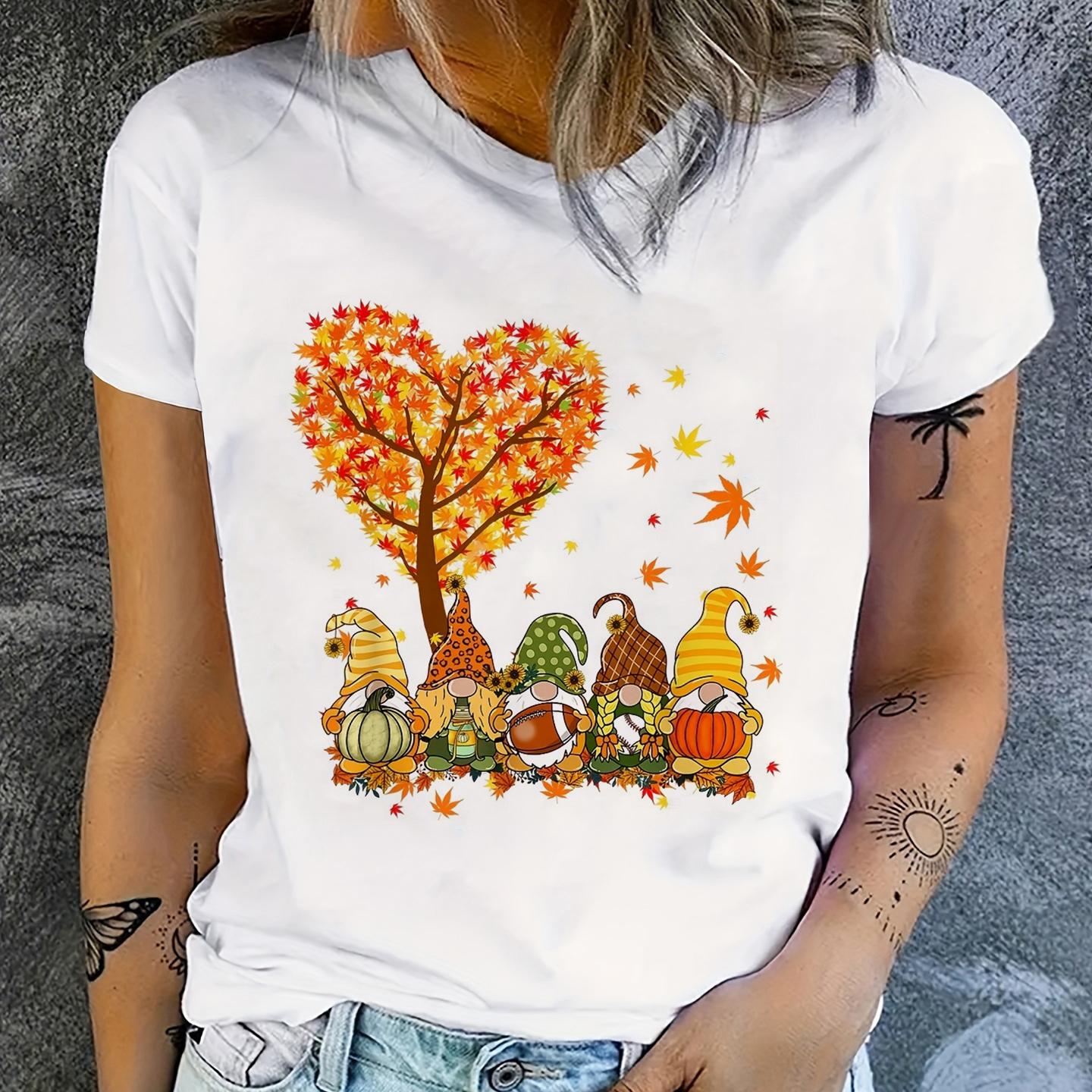

Fall Graphic Print Crew Neck T-shirt, Casual Short Sleeve Summer Top, Women's Clothing