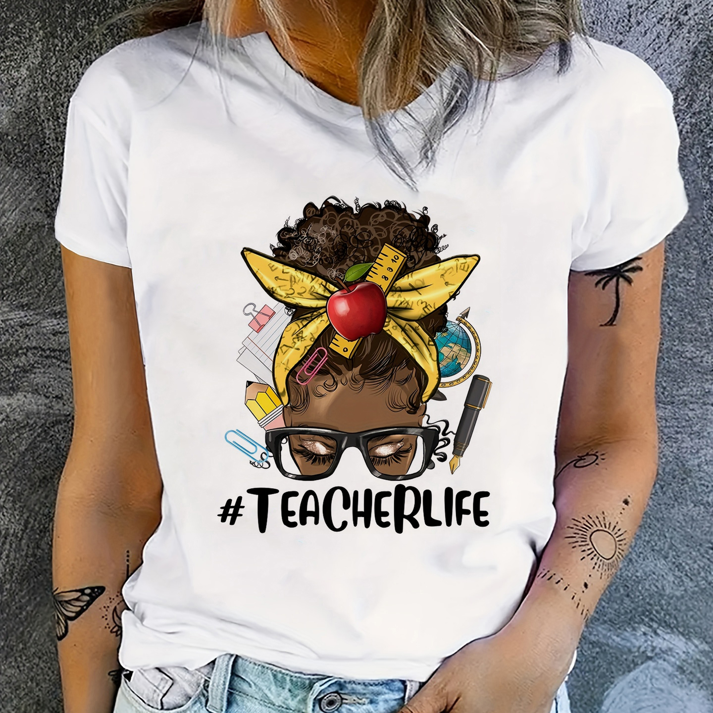 

Teacher Life Print Crew Neck T-shirt, Casual Short Sleeve Summer Top, Women's Clothing