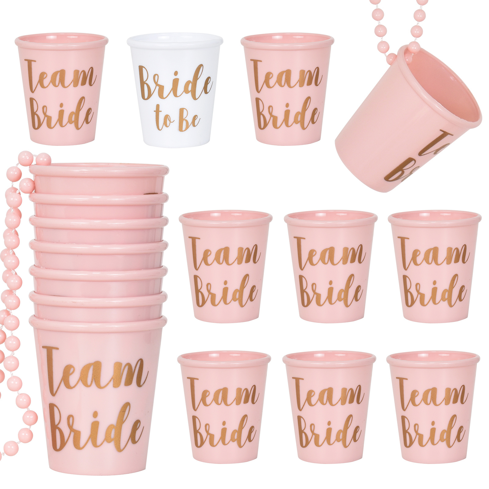 

14pcs, Team Bride And Bride Plastic Beaded Bridal Shot Glass, Necklace Pink And White, Bachelor Party Chain Wine Cup Necklace, Groom And Bride Shot Glasses For Wedding Party Hen Party