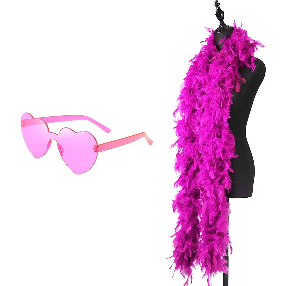 Boa à plumes,Boa en plumes colorées de 1.8 m，Boa Plume Rose,avec Lunettes  Coeur,Gants,Cosplay,Décoration de Costume D'halloween