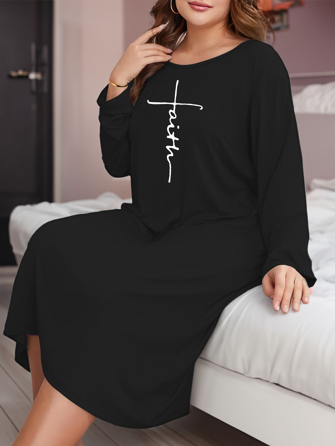 Cross Print Long Sleeve Lounge Dress