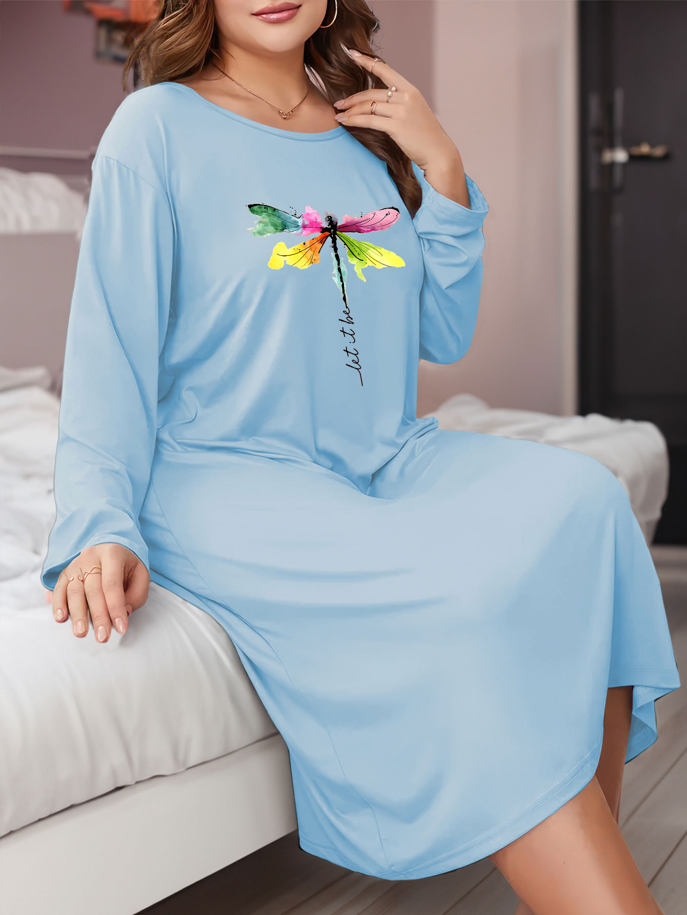 Dragonfly Print Long Sleeve Lounge Dress