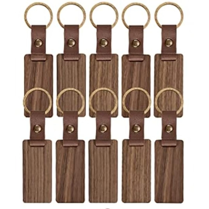 20 Unfinished Wooden Walnut Wooden Keychain With Rectangle Leather