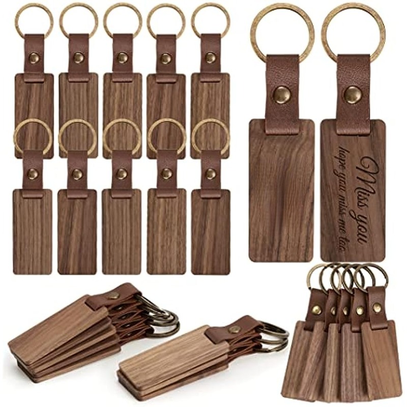 10pcs Wooden Blank Keychain Wooden Laser Engraved Blank Keychain Leather  With Keychain Unprocessed Rectangular Round Wood Keychain For DIY Employee  Co